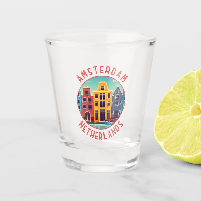Amsterdam Niederlande farbenfrohe Häuser gestört Schnapsglas (Vorderseite)