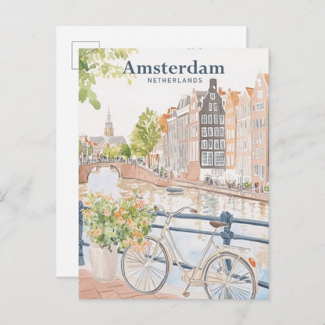 Amsterdam Niederlande Gouache Illustration Travel Postkarte (Vorne/Hinten)