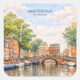 Amsterdam Niederlande Kanal Bunte Stadt Reise Quadratischer Aufkleber