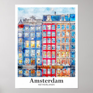 Amsterdam Niederlande Reise Wasserfarbe Handgezeic Poster