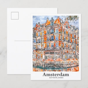 Amsterdam Niederlande Reise Wasserfarbe Handgezeic Postkarte