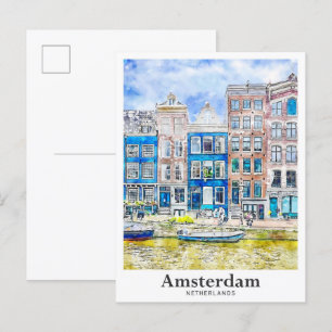 Amsterdam Niederlande Reise Wasserfarbe Handgezeic Postkarte