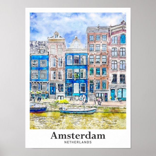 Amsterdam Niederlande Reisen Wasserfarbenhandzeich Poster (Vorne)