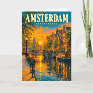 Amsterdam Niederlande Sonnenuntergang Kanal Vintag Karte