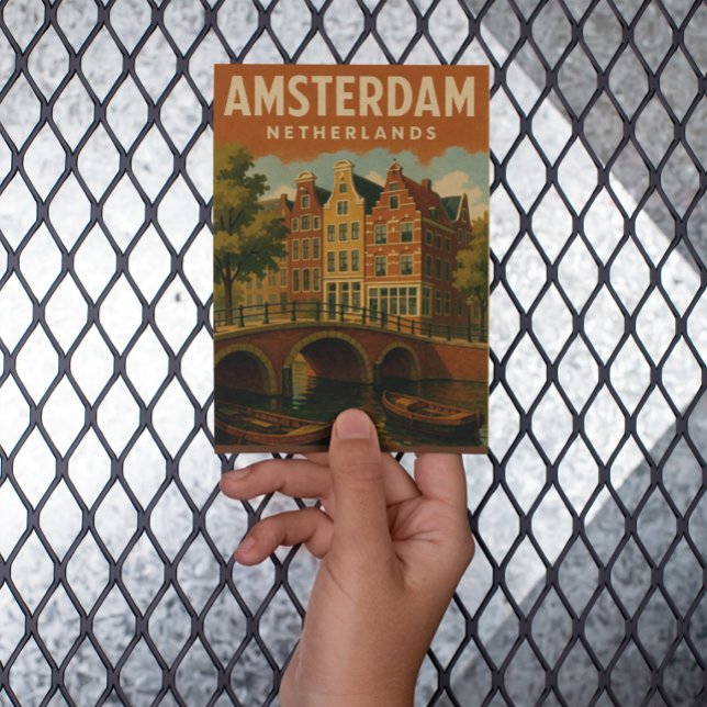 Amsterdam Niederlande Vintag Canal View Postkarte (vintage amsterdam holland travel postcard)