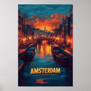 Amsterdam Niederlande Vintag Illustration Travel Poster