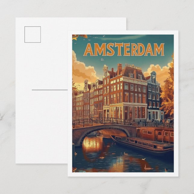 Amsterdam Niederlande Vintag Illustration Travel Postkarte (Vorne/Hinten)