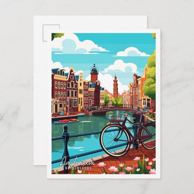 Amsterdam Niederlande Vintage Illustration Postkarte (Vorne/Hinten)