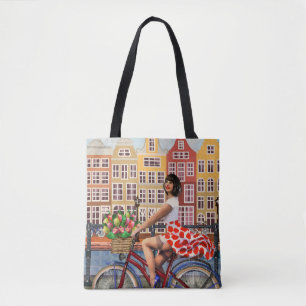 Amsterdam Poster: Button-Up Girl Cycling.