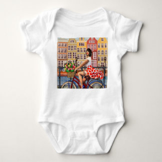 Amsterdam Poster: Button-Up Girl Cycling. Baby Strampler