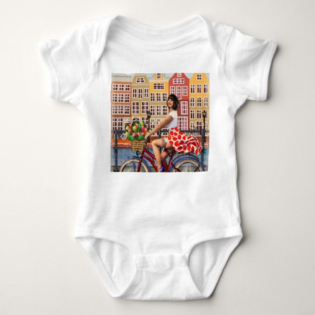Amsterdam Poster: Button-Up Girl Cycling. Baby Strampler (Vorderseite)
