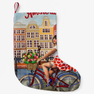 Amsterdam Poster: Button-Up Girl Cycling. Kleiner Weihnachtsstrumpf