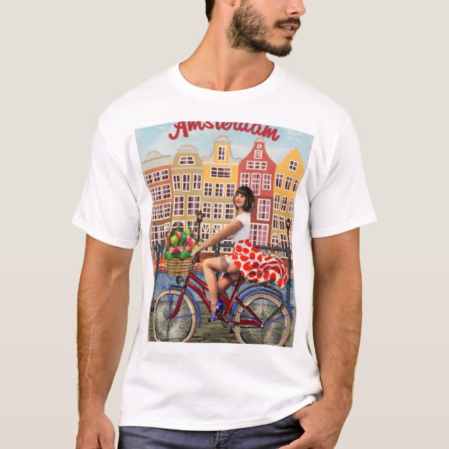 Amsterdam Poster: Button-Up Girl Cycling. T-Shirt (Vorderseite)