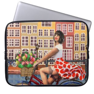 Amsterdam Poster: Pin-Up-Girl beim Radfahren. Laptopschutzhülle