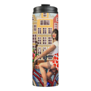Amsterdam Poster: Pin-Up Mädchen beim Radfahren. Thermosbecher