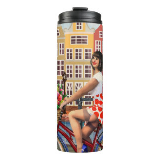 Amsterdam Poster: Pin-Up Mädchen beim Radfahren. Thermosbecher