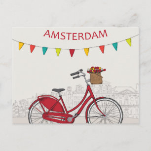 Amsterdam, rotes Fahrrad auf der Straße, Illustrat Postkarte