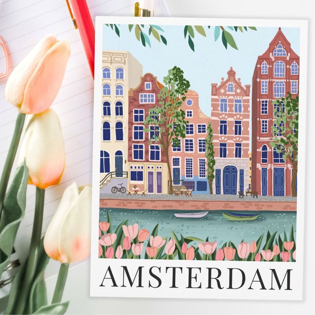 Amsterdam Seeufer Stadtansicht Reisevorführung Postkarte (amsterdam scenic view tulips illustration travel postcard)