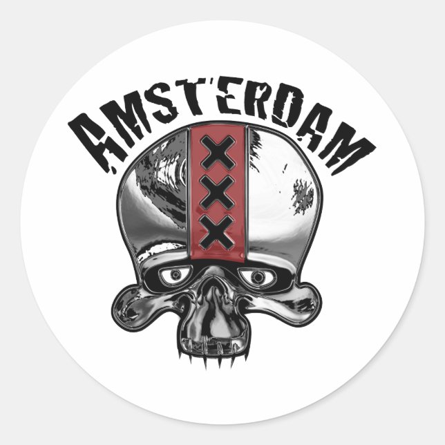 Amsterdam Skull 2 Chrome Runder Aufkleber (Vorderseite)