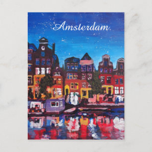 Amsterdam Skyline mit Kanal bei Nacht Postkarte