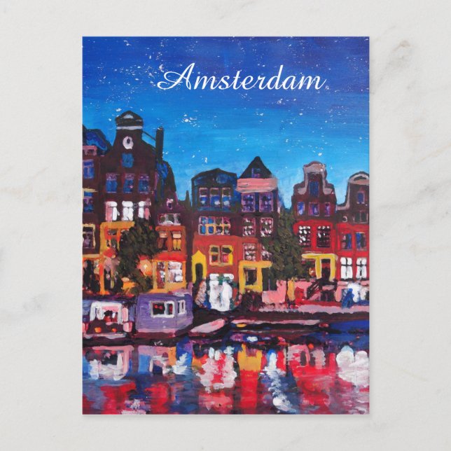Amsterdam Skyline mit Kanal bei Nacht Postkarte (Vorderseite)