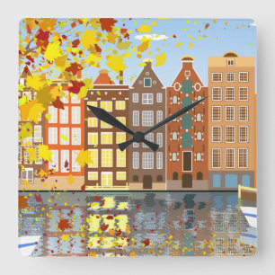 Amsterdam-Stadt-Kanal-Herbst-bunte Wanduhr