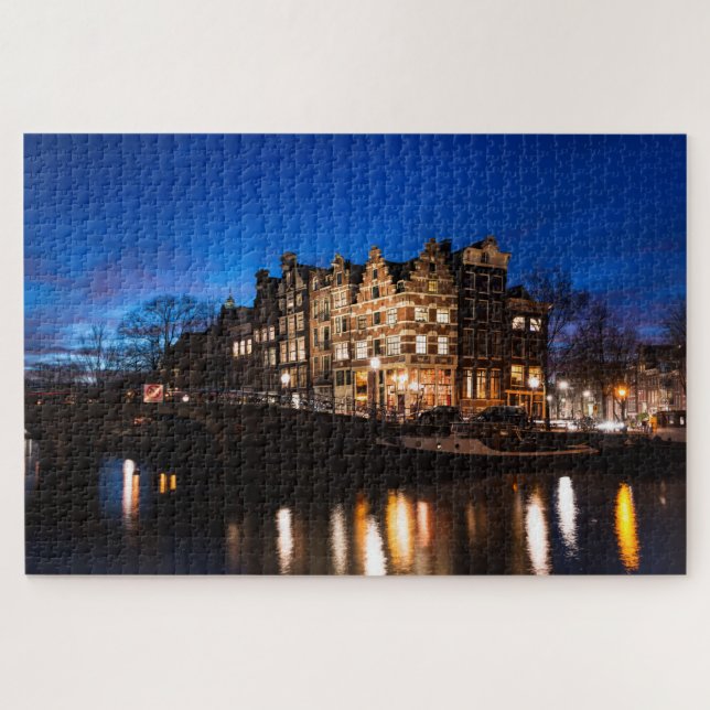 Amsterdam-Stadtkanalhäuser nachts Puzzle (Horizontal)