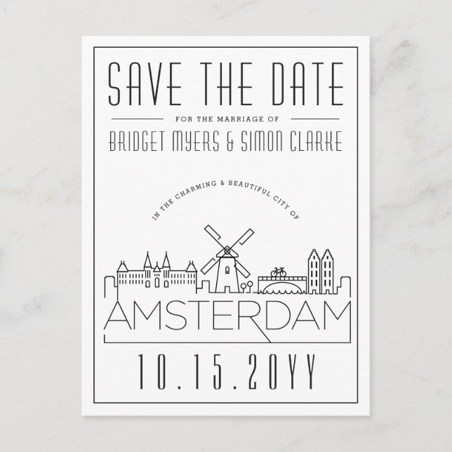Amsterdam | Stilisierte Skyline Save the Date Postkarte (Vorderseite)