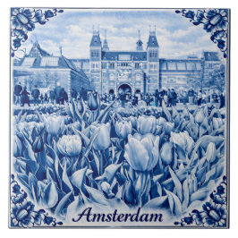 Amsterdam tulips Delft Blue style tile Fliese