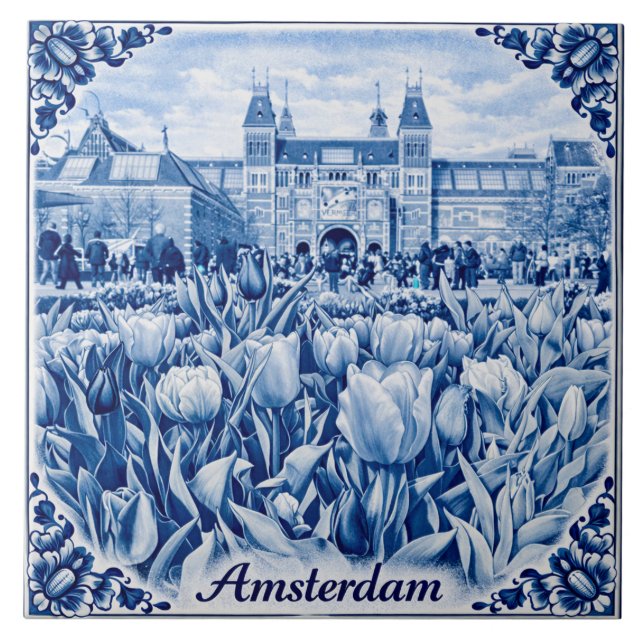 Amsterdam tulips Delft Blue style tile Fliese (Vorderseite)