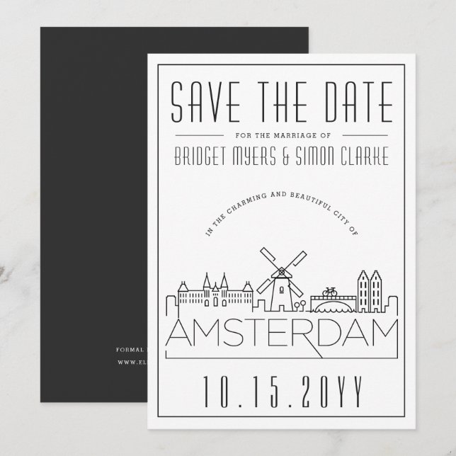 Amsterdam Wedding Stylized Skyline Save the Date Einladung (Vorne/Hinten)