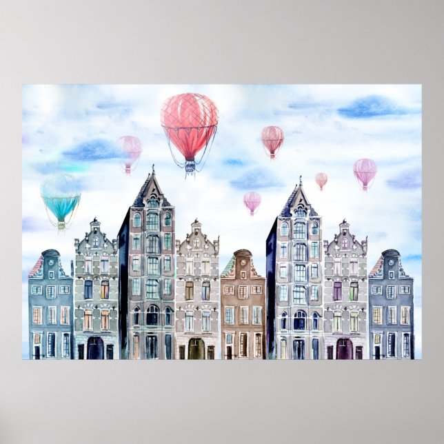 Amsterdam with hot air balloon poster (Vorne)