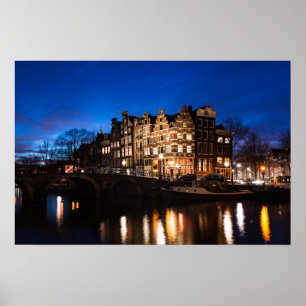 Amsterdamer Grachtenhäuser bei Nacht Poster