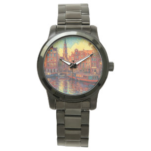 Amsterdamer Kanalhäuser im Stil von van Gogh Armbanduhr