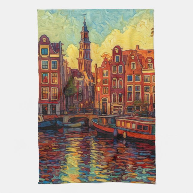Amsterdamer Kanalhäuser im Stil von van Gogh Geschirrtuch (Vertikal)