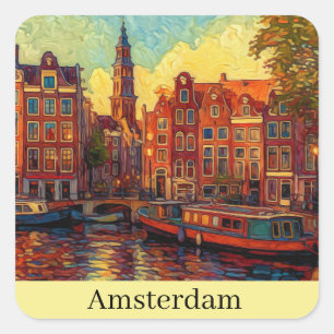Amsterdamer Kanalhäuser im Stil von van Gogh Quadratischer Aufkleber