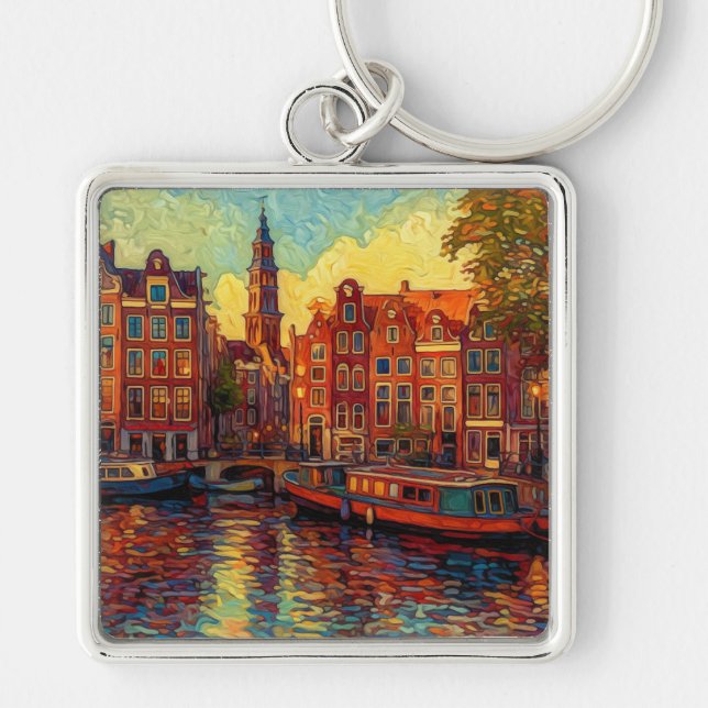 Amsterdamer Kanalhäuser im Stil von van Gogh Schlüsselanhänger (Vorne)