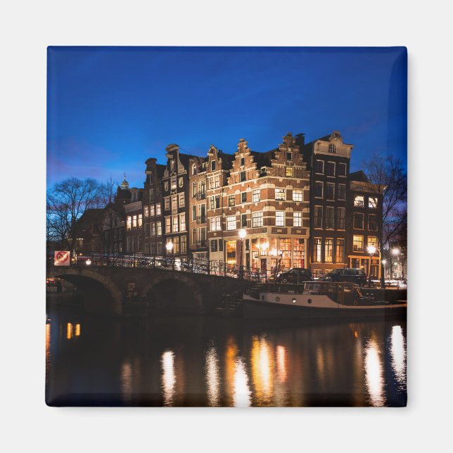 Amsterdamer Kanalhäuser nachts Magnet (Vorne)