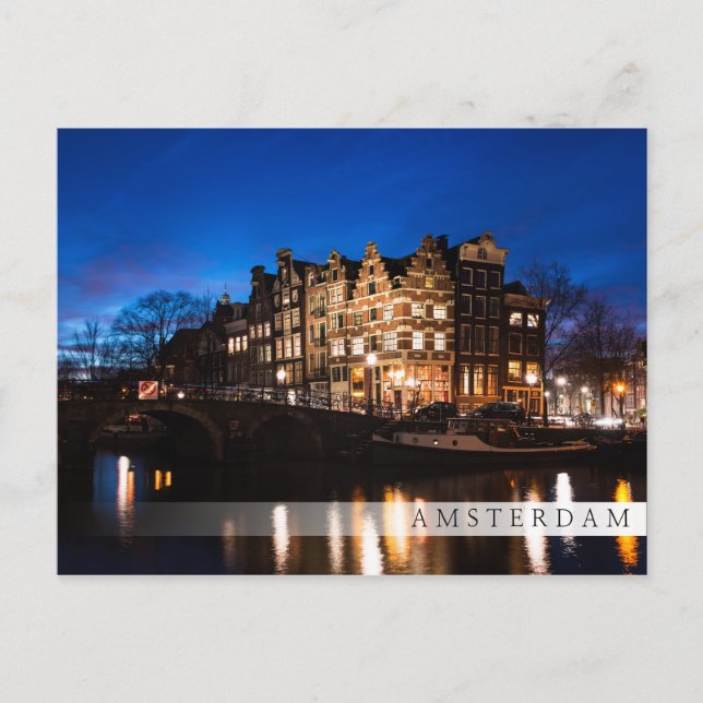 Amsterdamer Kanalhäuser nachts Postkarte (Vorderseite)