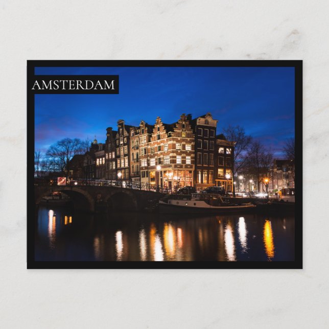 Amsterdamer Kanalhäuser nachts Postkarte (Vorderseite)