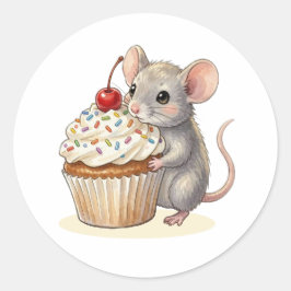 An Adorable Birthday Mouse with Cupcake Runder Aufkleber