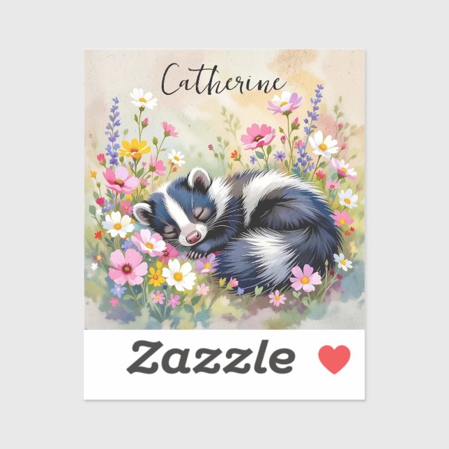 An Adorable Skunk Napping in Flowers Personalized Aufkleber (Blatt)