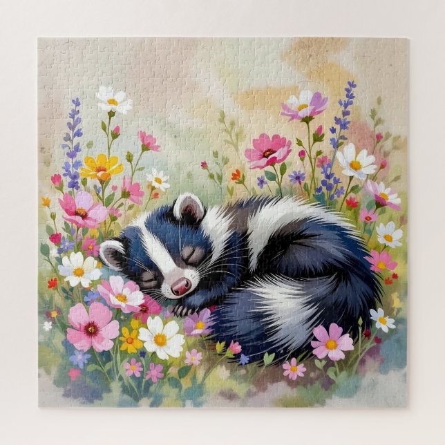 An Adorable Skunk Napping in Flowers Puzzle (Vertikal)
