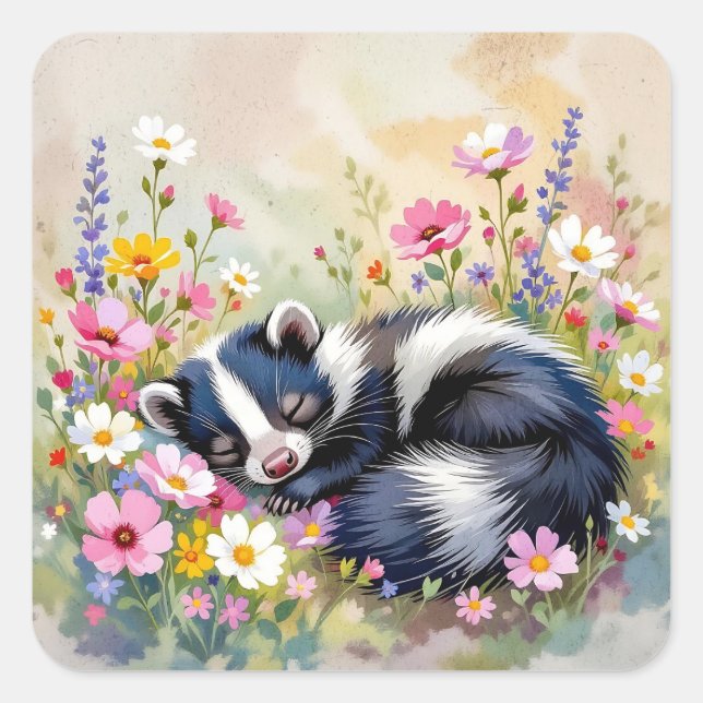 An Adorable Skunk Napping in Flowers Quadratischer Aufkleber (Vorderseite)