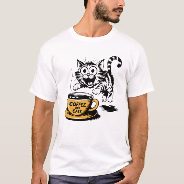An artistic drawing of a cute cat with a cup of co T-Shirt (Vorderseite)