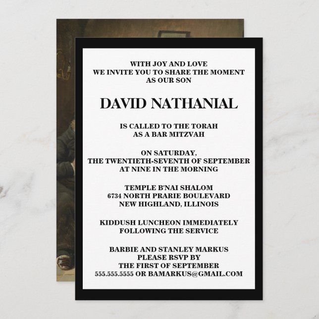 "An den Rabbinen" von Carl Schleicher Bar Mitzvah Einladung (Vorne/Hinten)