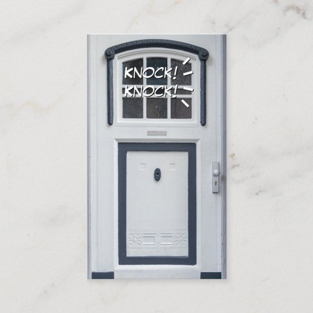 An die weiße Tür klopfen, lustige Aufmerksamkeitsö Visitenkarte (Vorderseite)