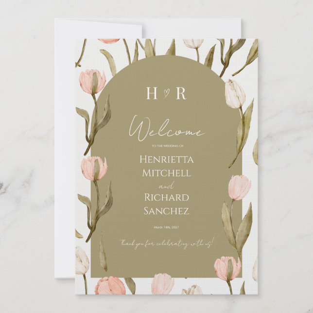 An elegant wedding invitation in olive green (Vorderseite)