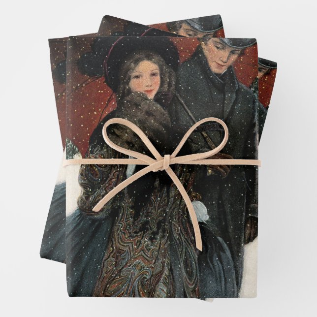 An elegantly dressed couple,Umbrella,Snow Old Time Geschenkpapier Set (Beispiel)