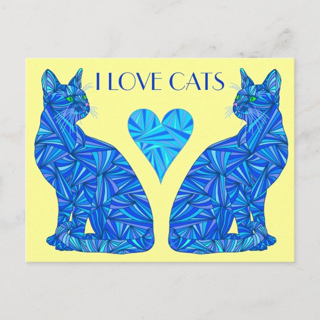 An I Liebe Cats Blue Abstrakt Sitting Cat Postkart Postkarte (Vorderseite)